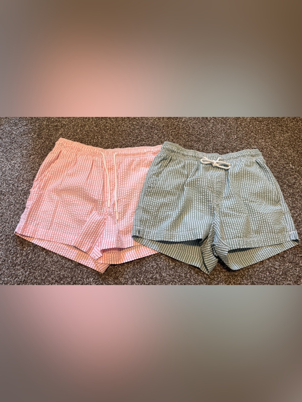 Striped Seersucker Drawstring Swimshorts - Pink & Light Green